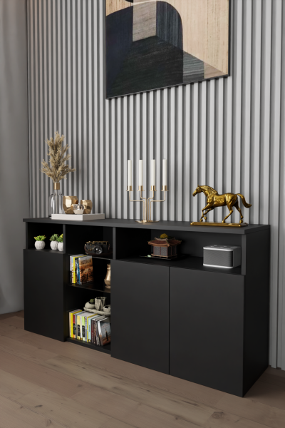 Modern ve Zarif Büfe Konsol Kapaklı ve Raflı Şifonyer – Salon,Antre ve Ofis İçin Dolap Siyah