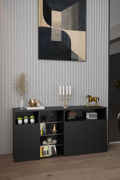 Modern ve Zarif Büfe Konsol Kapaklı ve Raflı Şifonyer – Salon,Antre ve Ofis İçin Dolap Siyah