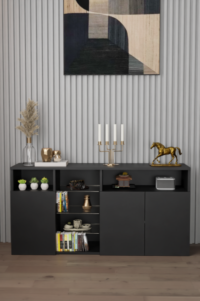 Modern ve Zarif Büfe Konsol Kapaklı ve Raflı Şifonyer – Salon,Antre ve Ofis İçin Dolap Siyah