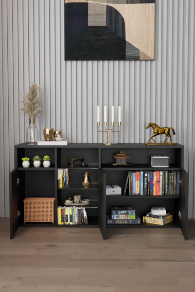 Modern ve Zarif Büfe Konsol Kapaklı ve Raflı Şifonyer – Salon,Antre ve Ofis İçin Dolap Siyah