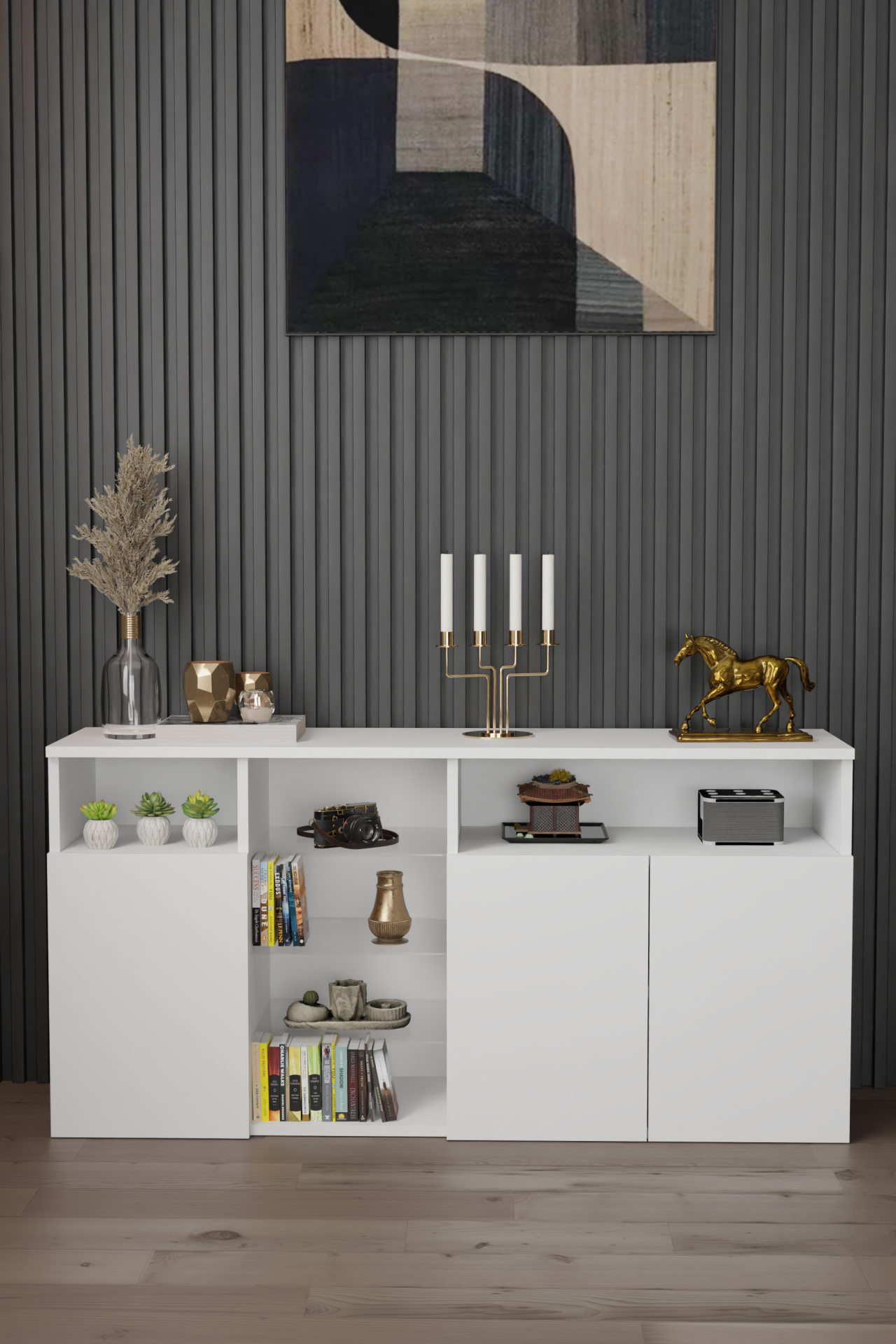 Modern ve Zarif Büfe Konsol Kapaklı ve Raflı Şifonyer – Salon,Antre ve Ofis İçin Dolap Beyaz