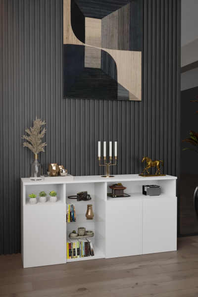 Modern ve Zarif Büfe Konsol Kapaklı ve Raflı Şifonyer – Salon,Antre ve Ofis İçin Dolap Beyaz