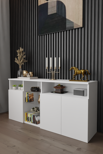 Modern ve Zarif Büfe Konsol Kapaklı ve Raflı Şifonyer – Salon,Antre ve Ofis İçin Dolap Beyaz