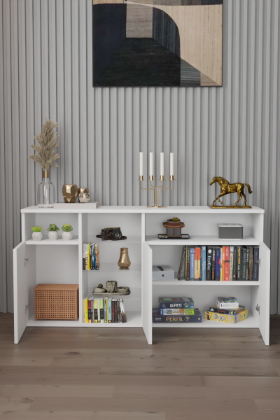 Modern ve Zarif Büfe Konsol Kapaklı ve Raflı Şifonyer – Salon,Antre ve Ofis İçin Dolap Beyaz