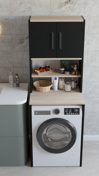 Çamaşır Makinesi Üstü Çok Amaçlı Banyo Dolabı Kapaklı ve Raflı, Depolama Alanı, Modern Tasarım Dolap Siyah-Sonoma