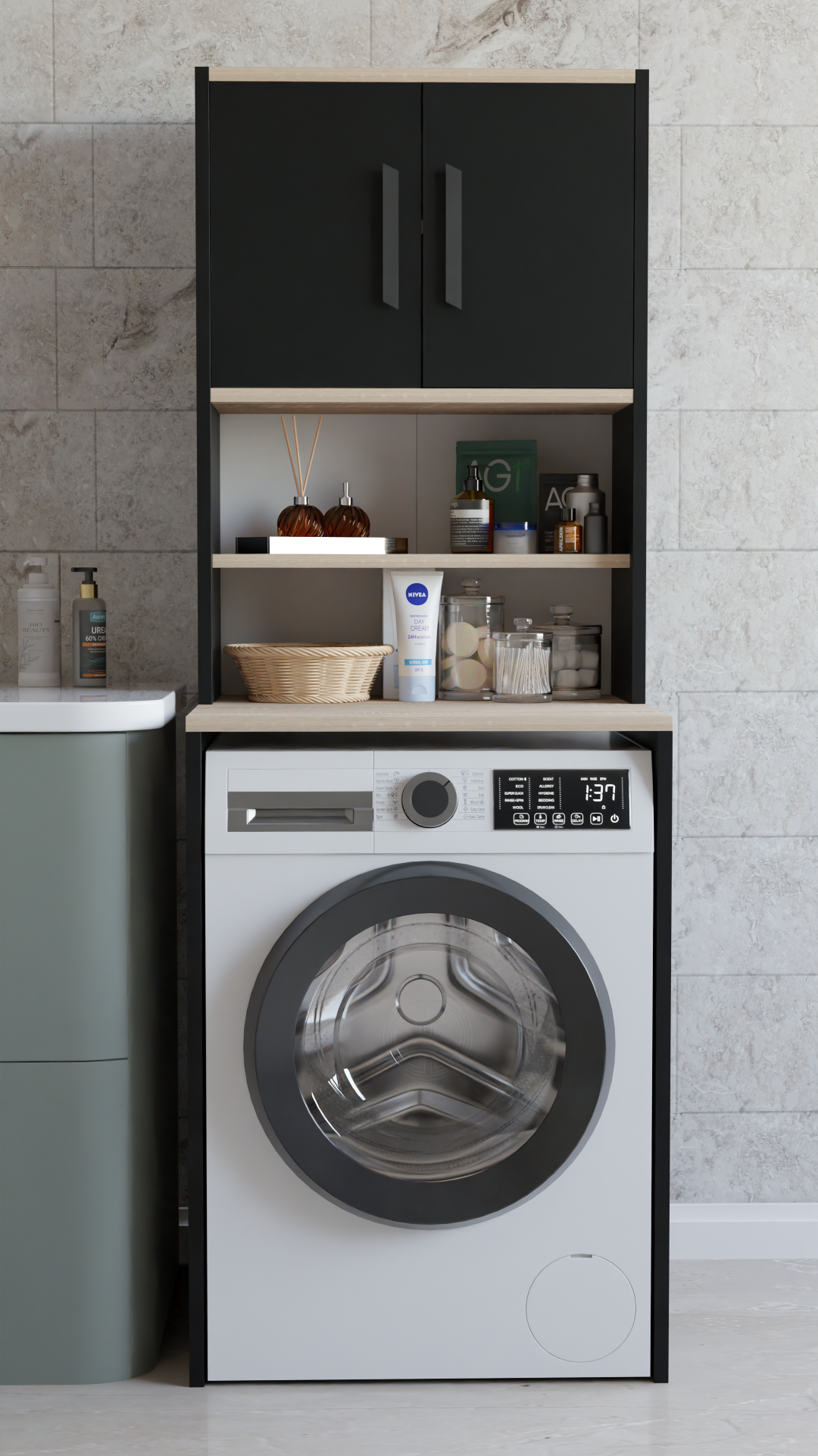 Çamaşır Makinesi Üstü Çok Amaçlı Banyo Dolabı Kapaklı ve Raflı, Depolama Alanı, Modern Tasarım Dolap Siyah-Sonoma