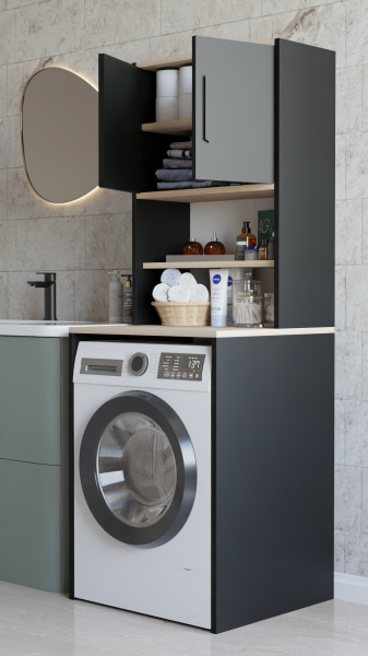 Çamaşır Makinesi Üstü Çok Amaçlı Banyo Dolabı Kapaklı ve Raflı, Depolama Alanı, Modern Tasarım Dolap Siyah-Sonoma