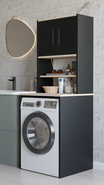 Çamaşır Makinesi Üstü Çok Amaçlı Banyo Dolabı Kapaklı ve Raflı, Depolama Alanı, Modern Tasarım Dolap Siyah-Sonoma