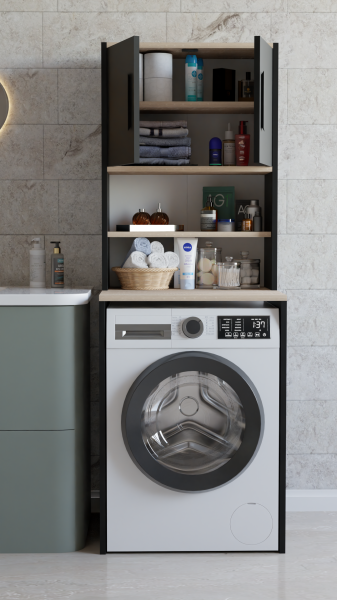 Çamaşır Makinesi Üstü Çok Amaçlı Banyo Dolabı Kapaklı ve Raflı, Depolama Alanı, Modern Tasarım Dolap Siyah-Sonoma