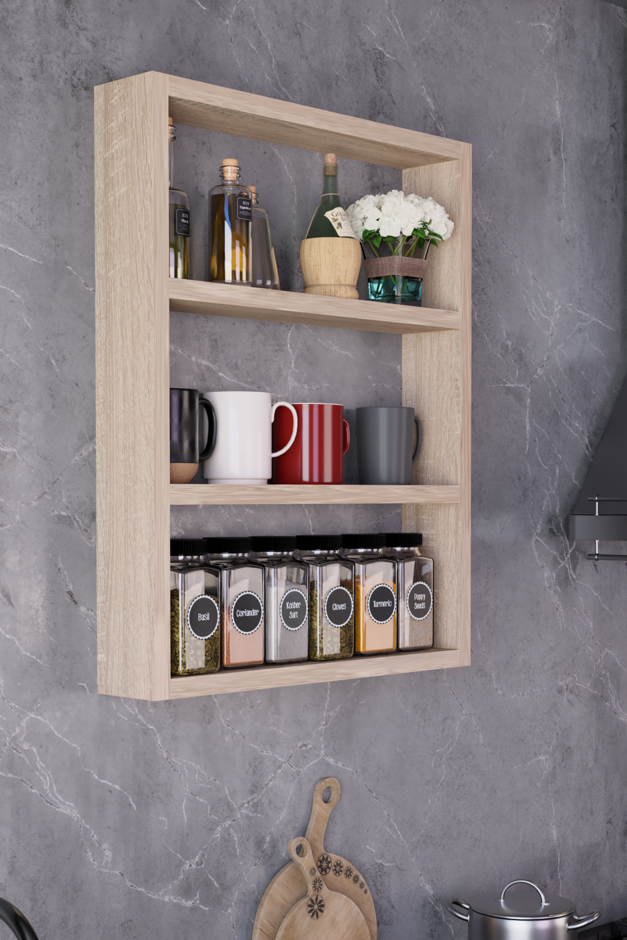 Modern Duvar Rafı 3 Katlı Ahşap Mutfak Rafı,Kahve Köşesi,Çok Amaçlı Mutfak Banyo Salon Duvar Rafı Sonoma