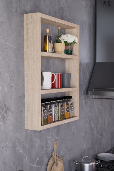 Modern Duvar Rafı 3 Katlı Ahşap Mutfak Rafı,Kahve Köşesi,Çok Amaçlı Mutfak Banyo Salon Duvar Rafı Sonoma