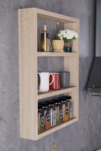 Modern Duvar Rafı 3 Katlı Ahşap Mutfak Rafı,Kahve Köşesi,Çok Amaçlı Mutfak Banyo Salon Duvar Rafı Sonoma