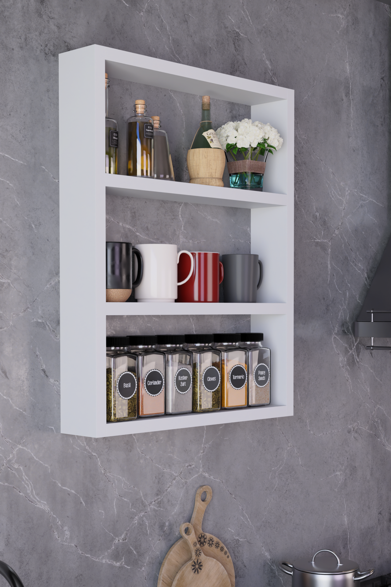 Modern Duvar Rafı 3 Katlı Ahşap Mutfak Rafı,Kahve Köşesi,Çok Amaçlı Mutfak Banyo Salon Duvar Rafı Beyaz