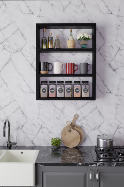 Modern Duvar Rafı 3 Katlı Ahşap Mutfak Rafı,Kahve Köşesi,Çok Amaçlı Mutfak Banyo Salon Duvar Rafı Siyah