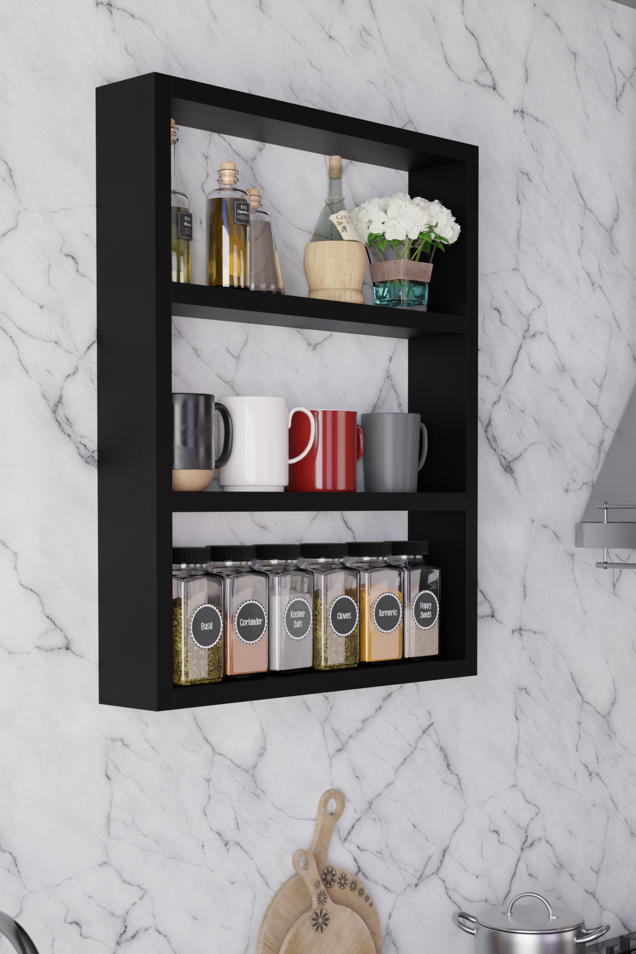 Modern Duvar Rafı 3 Katlı Ahşap Mutfak Rafı,Kahve Köşesi,Çok Amaçlı Mutfak Banyo Salon Duvar Rafı Siyah