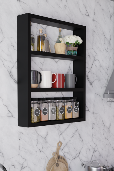 Modern Duvar Rafı 3 Katlı Ahşap Mutfak Rafı,Kahve Köşesi,Çok Amaçlı Mutfak Banyo Salon Duvar Rafı Siyah