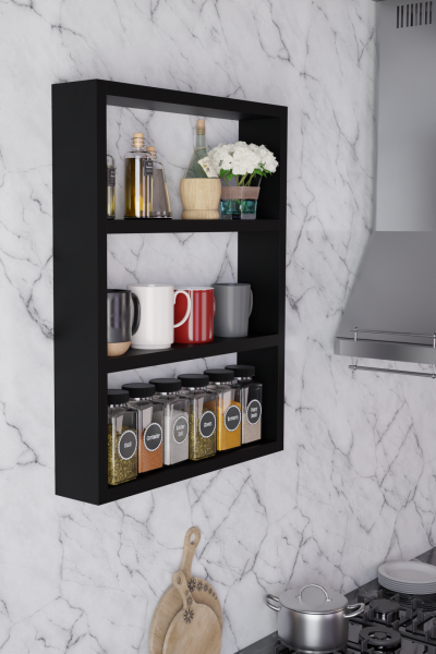 Modern Duvar Rafı 3 Katlı Ahşap Mutfak Rafı,Kahve Köşesi,Çok Amaçlı Mutfak Banyo Salon Duvar Rafı Siyah
