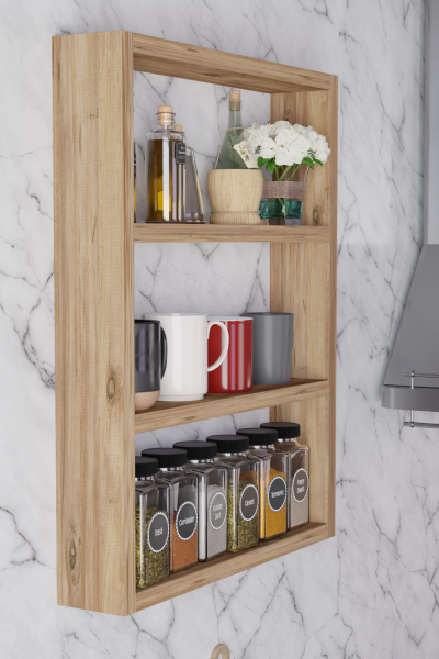 Modern Duvar Rafı 3 Katlı Ahşap Mutfak Rafı,Kahve Köşesi,Çok Amaçlı Mutfak Banyo Salon Duvar Rafı Atlantik Çam