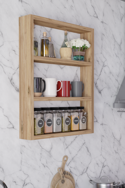 Modern Duvar Rafı 3 Katlı Ahşap Mutfak Rafı,Kahve Köşesi,Çok Amaçlı Mutfak Banyo Salon Duvar Rafı Atlantik Çam