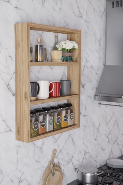 Modern Duvar Rafı 3 Katlı Ahşap Mutfak Rafı,Kahve Köşesi,Çok Amaçlı Mutfak Banyo Salon Duvar Rafı Atlantik Çam
