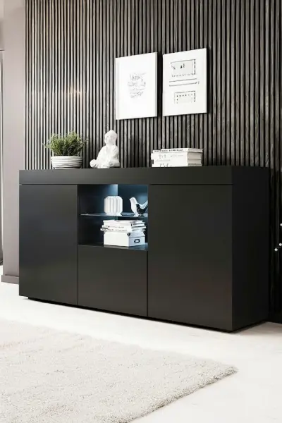 Siyah Konsol Dolap Led Aydınlatmalı Cam Raflı 135x73x34 cm – Modern Çok Amaçlı Depolama ve Dekoratif Konsol