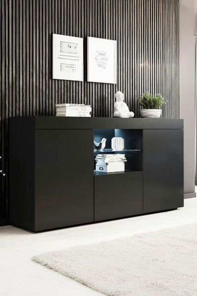 Siyah Konsol Dolap Led Aydınlatmalı Cam Raflı 135x73x34 cm – Modern Çok Amaçlı Depolama ve Dekoratif Konsol