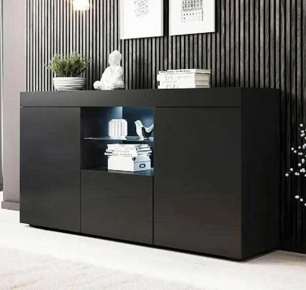 Siyah Konsol Dolap Led Aydınlatmalı Cam Raflı 135x73x34 cm – Modern Çok Amaçlı Depolama ve Dekoratif Konsol