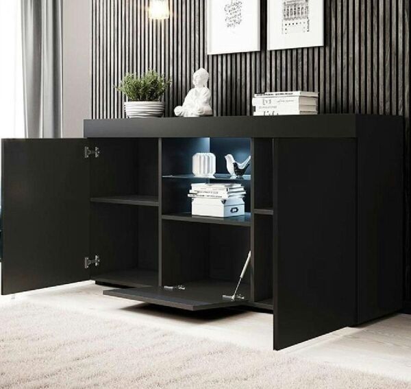 Siyah Konsol Dolap Led Aydınlatmalı Cam Raflı 135x73x34 cm – Modern Çok Amaçlı Depolama ve Dekoratif Konsol