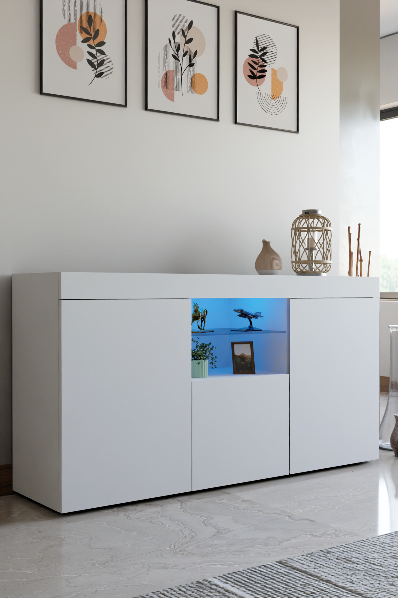 Beyaz Konsol Dolap Led Aydınlatmalı Cam Raflı 135x73x34 cm – Modern Çok Amaçlı Depolama ve Dekoratif Konsol