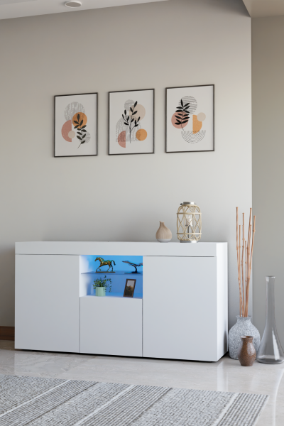 Beyaz Konsol Dolap Led Aydınlatmalı Cam Raflı 135x73x34 cm – Modern Çok Amaçlı Depolama ve Dekoratif Konsol