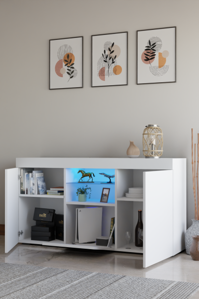 Beyaz Konsol Dolap Led Aydınlatmalı Cam Raflı 135x73x34 cm – Modern Çok Amaçlı Depolama ve Dekoratif Konsol