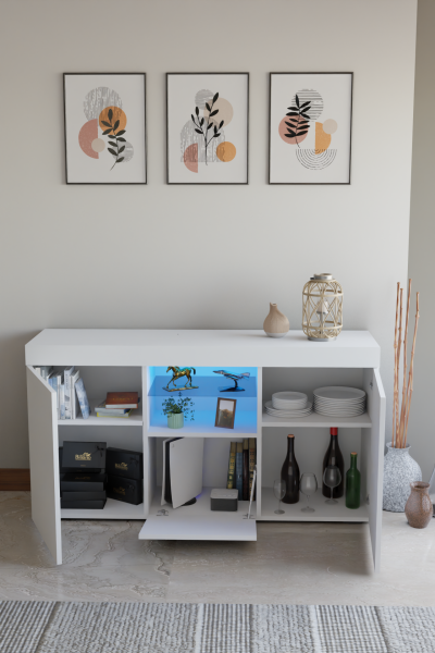 Beyaz Konsol Dolap Led Aydınlatmalı Cam Raflı 135x73x34 cm – Modern Çok Amaçlı Depolama ve Dekoratif Konsol