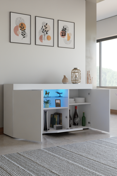 Beyaz Konsol Dolap Led Aydınlatmalı Cam Raflı 135x73x34 cm – Modern Çok Amaçlı Depolama ve Dekoratif Konsol