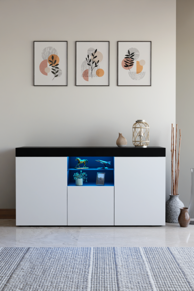 Konsol Led Aydınlatmalı Şık Büfe Cam Raflı Modern Ve Zarif Konsol Siyah Beyaz Elegant