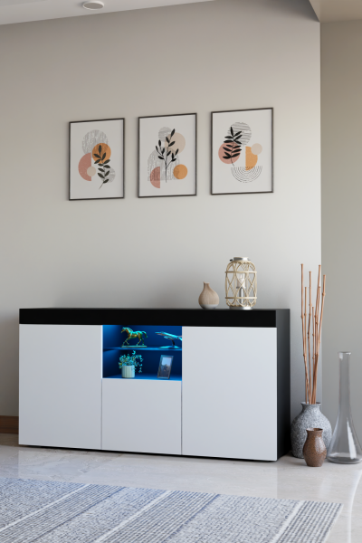 Konsol Led Aydınlatmalı Şık Büfe Cam Raflı Modern Ve Zarif Konsol Siyah Beyaz Elegant