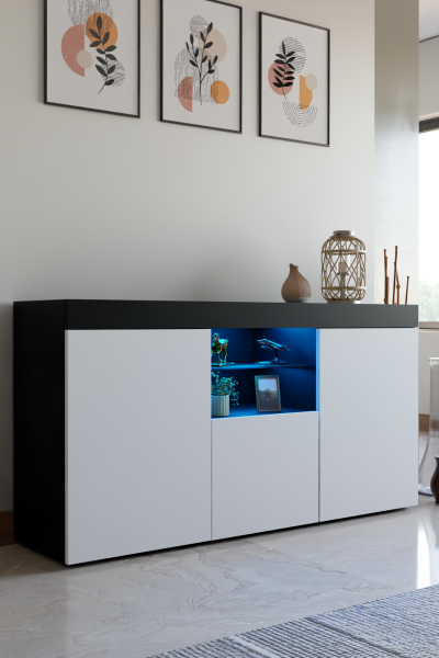 Konsol Led Aydınlatmalı Şık Büfe Cam Raflı Modern Ve Zarif Konsol Siyah Beyaz Elegant