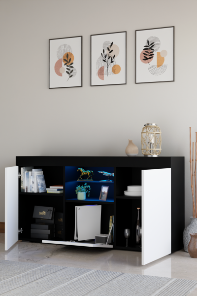 Konsol Led Aydınlatmalı Şık Büfe Cam Raflı Modern Ve Zarif Konsol Siyah Beyaz Elegant