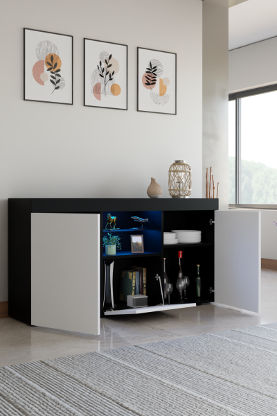 Konsol Led Aydınlatmalı Şık Büfe Cam Raflı Modern Ve Zarif Konsol Siyah Beyaz Elegant