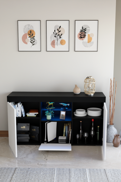 Konsol Led Aydınlatmalı Şık Büfe Cam Raflı Modern Ve Zarif Konsol Siyah Beyaz Elegant