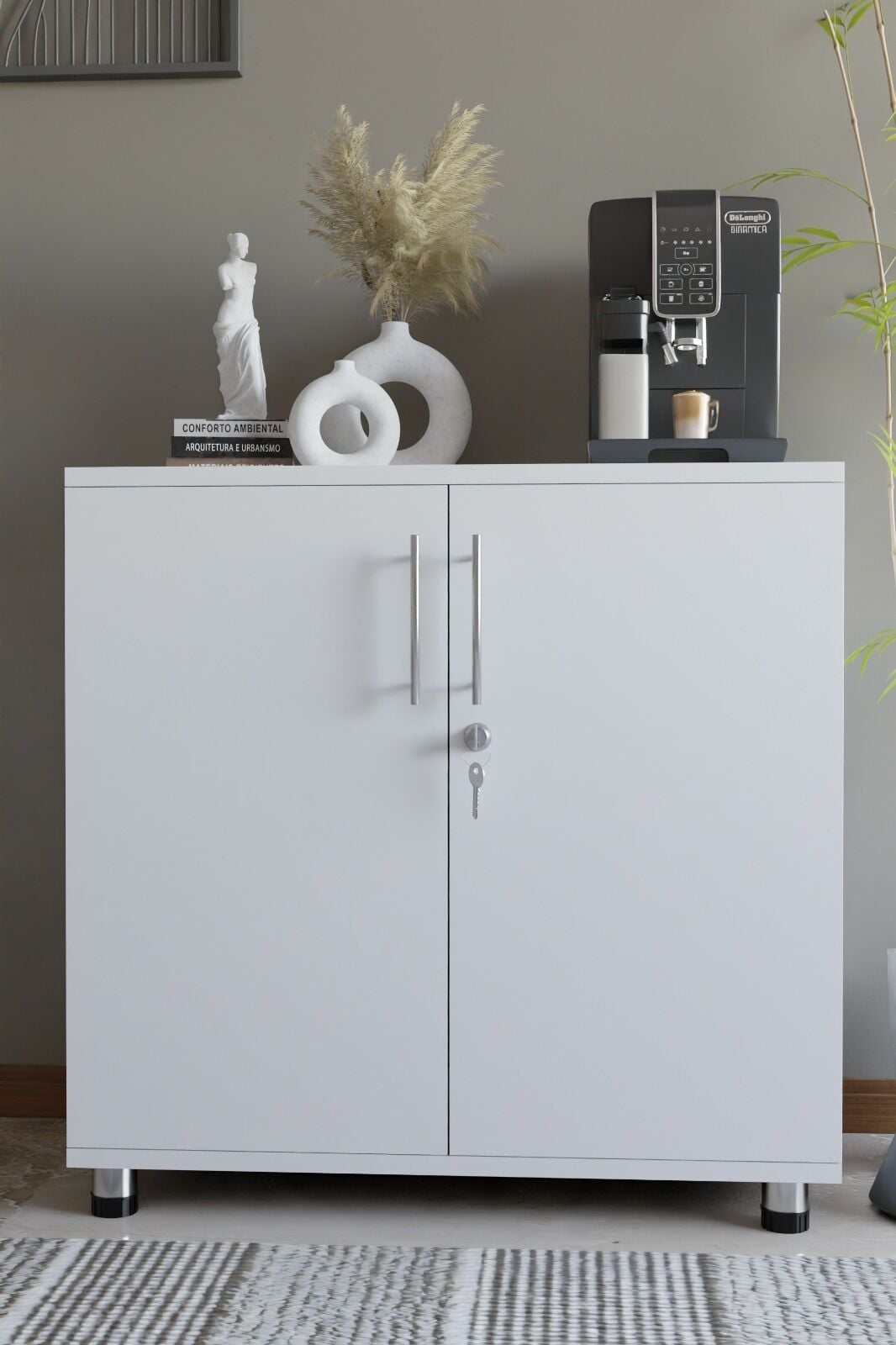 Çok Amaçlı Dolap Kilitli 2 Kapaklı Mutfak Dolabı,Kahve Köşesi Dolabı,Salon,Ofis Dolabı Beyaz