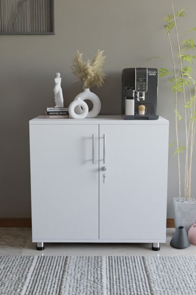 Çok Amaçlı Dolap Kilitli 2 Kapaklı Mutfak Dolabı,Kahve Köşesi Dolabı,Salon,Ofis Dolabı Beyaz