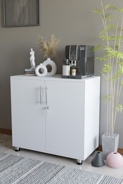 Çok Amaçlı Dolap Kilitli 2 Kapaklı Mutfak Dolabı,Kahve Köşesi Dolabı,Salon,Ofis Dolabı Beyaz