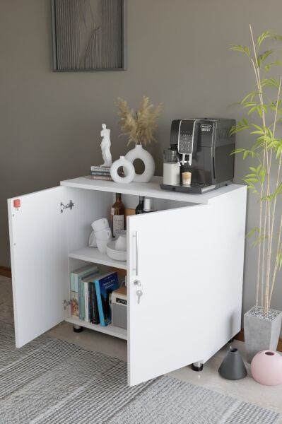 Çok Amaçlı Dolap Kilitli 2 Kapaklı Mutfak Dolabı,Kahve Köşesi Dolabı,Salon,Ofis Dolabı Beyaz