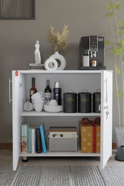Çok Amaçlı Dolap Kilitli 2 Kapaklı Mutfak Dolabı,Kahve Köşesi Dolabı,Salon,Ofis Dolabı Beyaz
