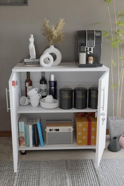Çok Amaçlı Dolap Kilitli 2 Kapaklı Mutfak Dolabı,Kahve Köşesi Dolabı,Salon,Ofis Dolabı Beyaz