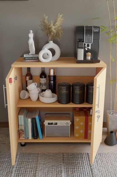Çok Amaçlı Dolap Kilitli 2 Kapaklı Mutfak Dolabı,Kahve Köşesi Dolabı,Salon,Ofis Dolabı Kayın