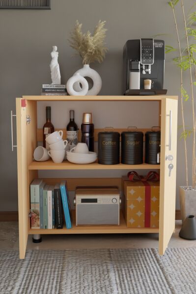 Çok Amaçlı Dolap Kilitli 2 Kapaklı Mutfak Dolabı,Kahve Köşesi Dolabı,Salon,Ofis Dolabı Kayın