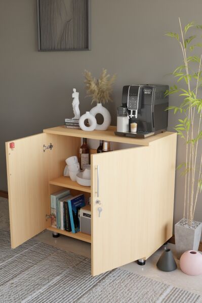 Çok Amaçlı Dolap Kilitli 2 Kapaklı Mutfak Dolabı,Kahve Köşesi Dolabı,Salon,Ofis Dolabı Kayın
