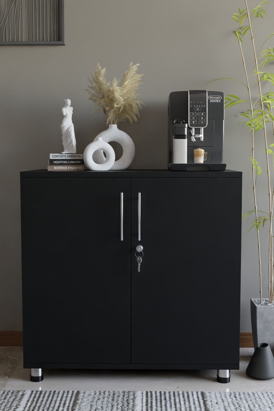 Çok Amaçlı Dolap Kilitli 2 Kapaklı Mutfak Dolabı,Kahve Köşesi Dolabı,Salon,Ofis Dolabı Siyah