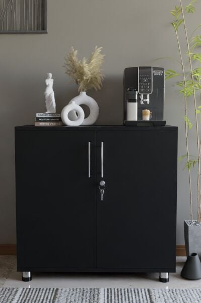 Çok Amaçlı Dolap Kilitli 2 Kapaklı Mutfak Dolabı,Kahve Köşesi Dolabı,Salon,Ofis Dolabı Siyah